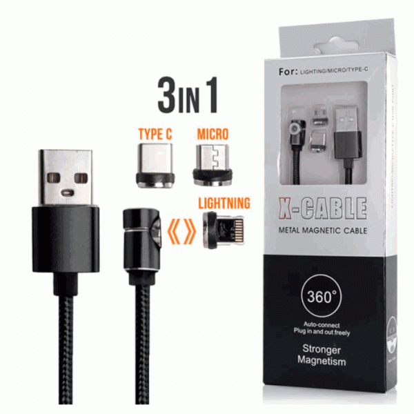 X-Cable Καλώδιο με μαγνητικό βύσμα LED 3 in 1 Micro USB / Type C / Lightning 1m -ΜΑΥΡΟ