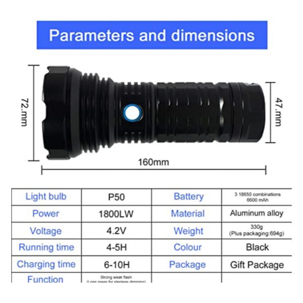 Επαναφορτιζόμενος Φακός LED Αδιάβροχος IP65 με Μέγιστη Φωτεινότητα 2000lm TW-1028 μαύρος - Image 3